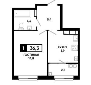 1-к квартира, строящийся дом, 36м2, 14/19 этаж