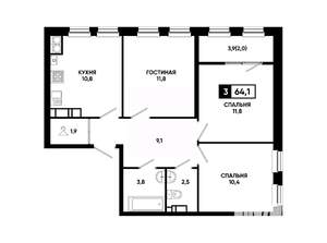 3-к квартира, вторичка, 64м2, 19/24 этаж