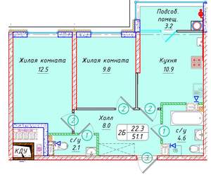 2-к квартира, вторичка, 51м2, 9/21 этаж