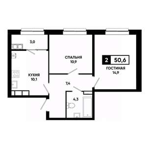 2-к квартира, строящийся дом, 51м2, 16/19 этаж