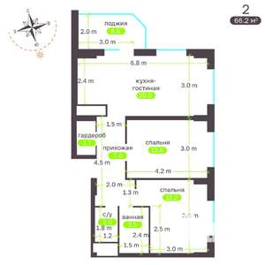 2-к квартира, вторичка, 66м2, 9/19 этаж