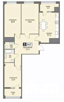 3-к квартира, строящийся дом, 95м2, 10/12 этаж