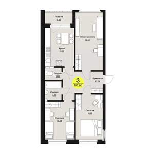3-к квартира, строящийся дом, 88м2, 2/12 этаж
