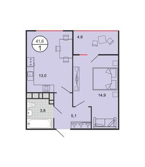 1-к квартира, вторичка, 41м2, 17/19 этаж