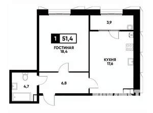 1-к квартира, вторичка, 51м2, 9/18 этаж