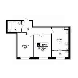 2-к квартира, вторичка, 61м2, 3/18 этаж