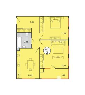 2-к квартира, строящийся дом, 54м2, 1/6 этаж