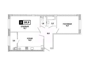 2-к квартира, вторичка, 60м2, 7/8 этаж