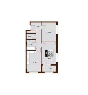 2-к квартира, вторичка, 59м2, 4/14 этаж