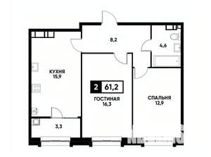 2-к квартира, вторичка, 61м2, 12/16 этаж