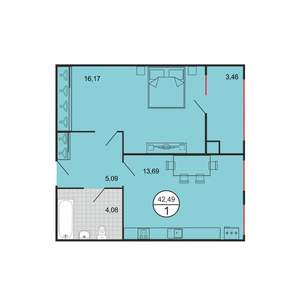 1-к квартира, строящийся дом, 42м2, 1/4 этаж
