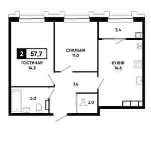 2-к квартира, строящийся дом, 58м2, 12/21 этаж
