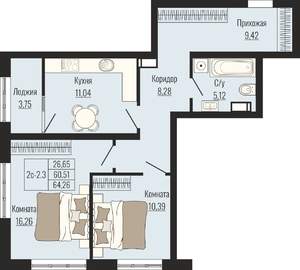 2-к квартира, вторичка, 64м2, 10/25 этаж