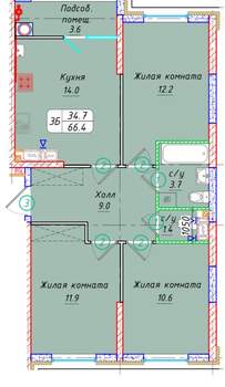 3-к квартира, вторичка, 66м2, 13/21 этаж