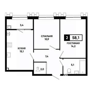 2-к квартира, вторичка, 58м2, 2/21 этаж