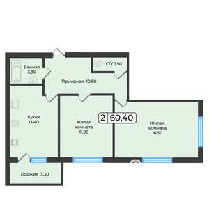 2-к квартира, вторичка, 60м2, 1/5 этаж