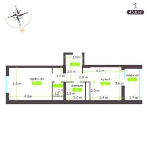 1-к квартира, вторичка, 45м2, 8/19 этаж