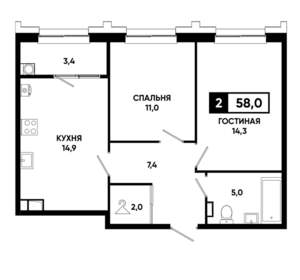 2-к квартира, вторичка, 58м2, 9/21 этаж