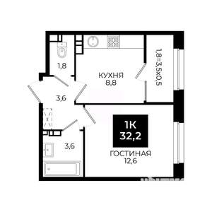 1-к квартира, вторичка, 32м2, 12/24 этаж