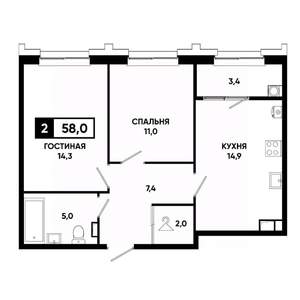 2-к квартира, вторичка, 58м2, 9/21 этаж