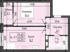 1-к квартира, строящийся дом, 46м2, 4/25 этаж