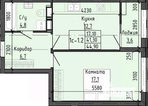 1-к квартира, строящийся дом, 45м2, 4/25 этаж