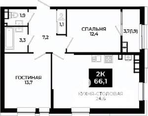 1-к квартира, вторичка, 66м2, 22/24 этаж