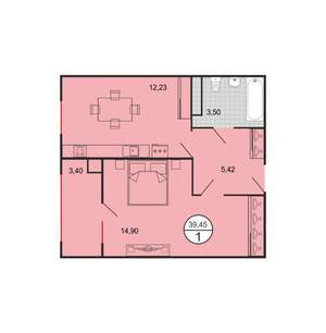 1-к квартира, строящийся дом, 39м2, 2/6 этаж