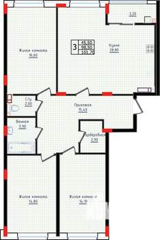 3-к квартира, строящийся дом, 97м2, 9/10 этаж