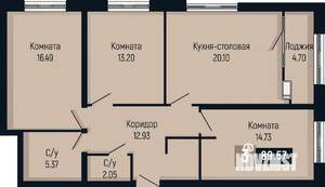 3-к квартира, вторичка, 90м2, 17/25 этаж