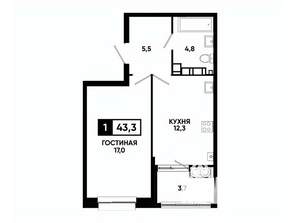 1-к квартира, вторичка, 43м2, 13/16 этаж