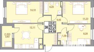 3-к квартира, вторичка, 65м2, 8/21 этаж
