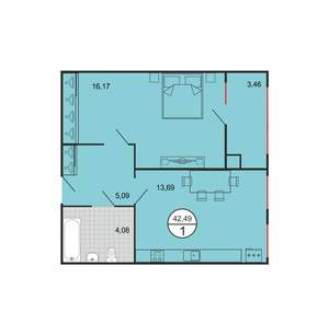 1-к квартира, вторичка, 42м2, 1/4 этаж