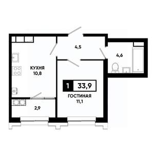 1-к квартира, строящийся дом, 34м2, 17/21 этаж