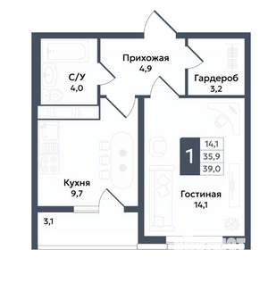 1-к квартира, вторичка, 39м2, 8/22 этаж