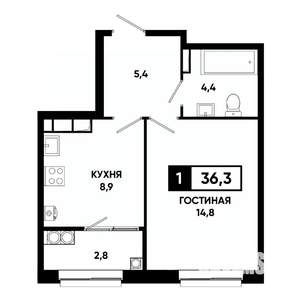 1-к квартира, вторичка, 36м2, 17/19 этаж