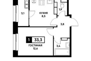 1-к квартира, вторичка, 33м2, 20/20 этаж