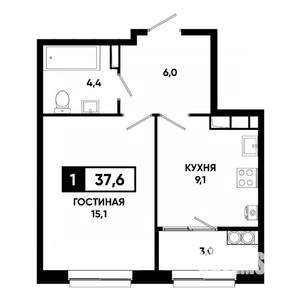 1-к квартира, строящийся дом, 38м2, 17/19 этаж