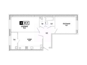 2-к квартира, вторичка, 60м2, 8/12 этаж