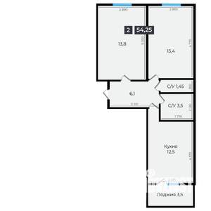 2-к квартира, вторичка, 55м2, 1/16 этаж