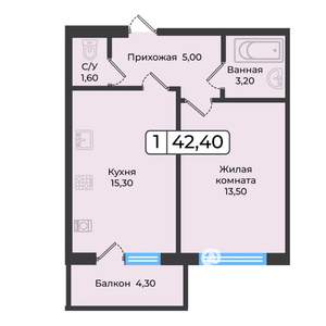 1-к квартира, вторичка, 42м2, 1/5 этаж