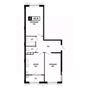 2-к квартира, вторичка, 67м2, 6/21 этаж