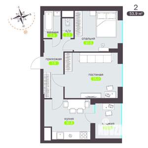2-к квартира, вторичка, 54м2, 1/19 этаж