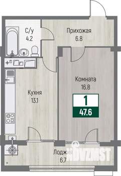 1-к квартира, строящийся дом, 48м2, 9/16 этаж