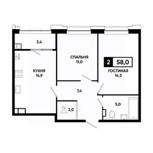 2-к квартира, вторичка, 58м2, 10/20 этаж