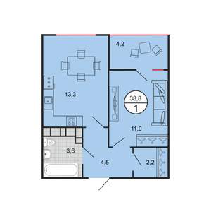 1-к квартира, строящийся дом, 39м2, 19/19 этаж