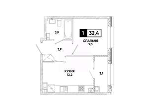 1-к квартира, вторичка, 32м2, 9/12 этаж