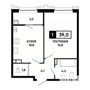 1-к квартира, строящийся дом, 39м2, 9/21 этаж