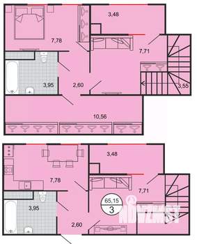 3-к квартира, строящийся дом, 65м2, 5/6 этаж