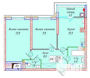 2-к квартира, вторичка, 52м2, 6/22 этаж